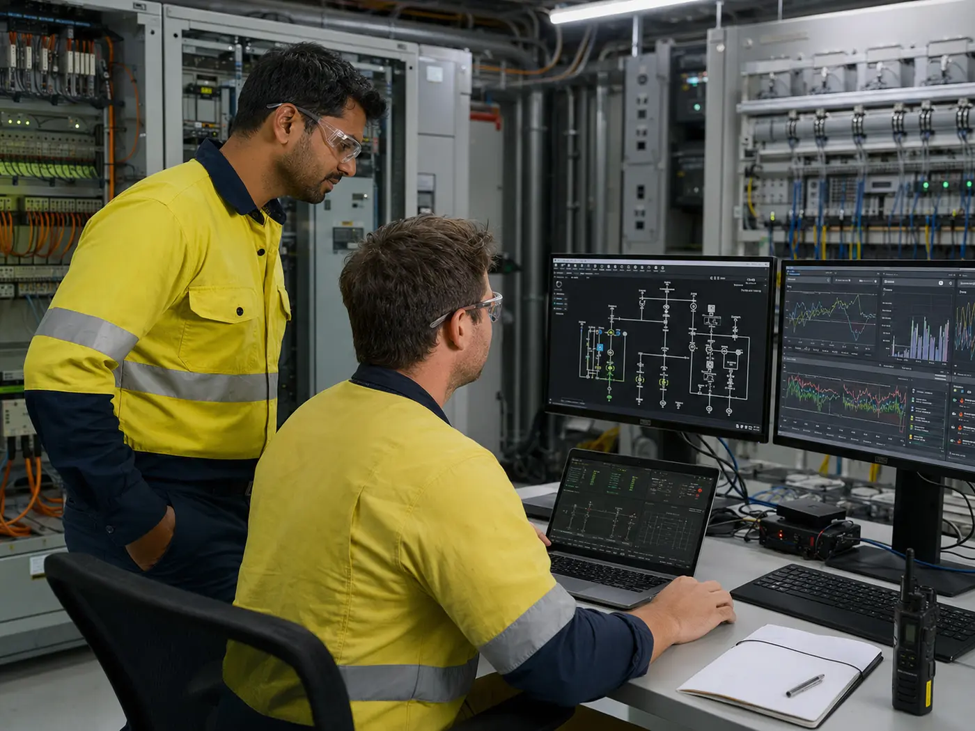 Engineers reviewing BESS controls and performance data in an electrical control room
